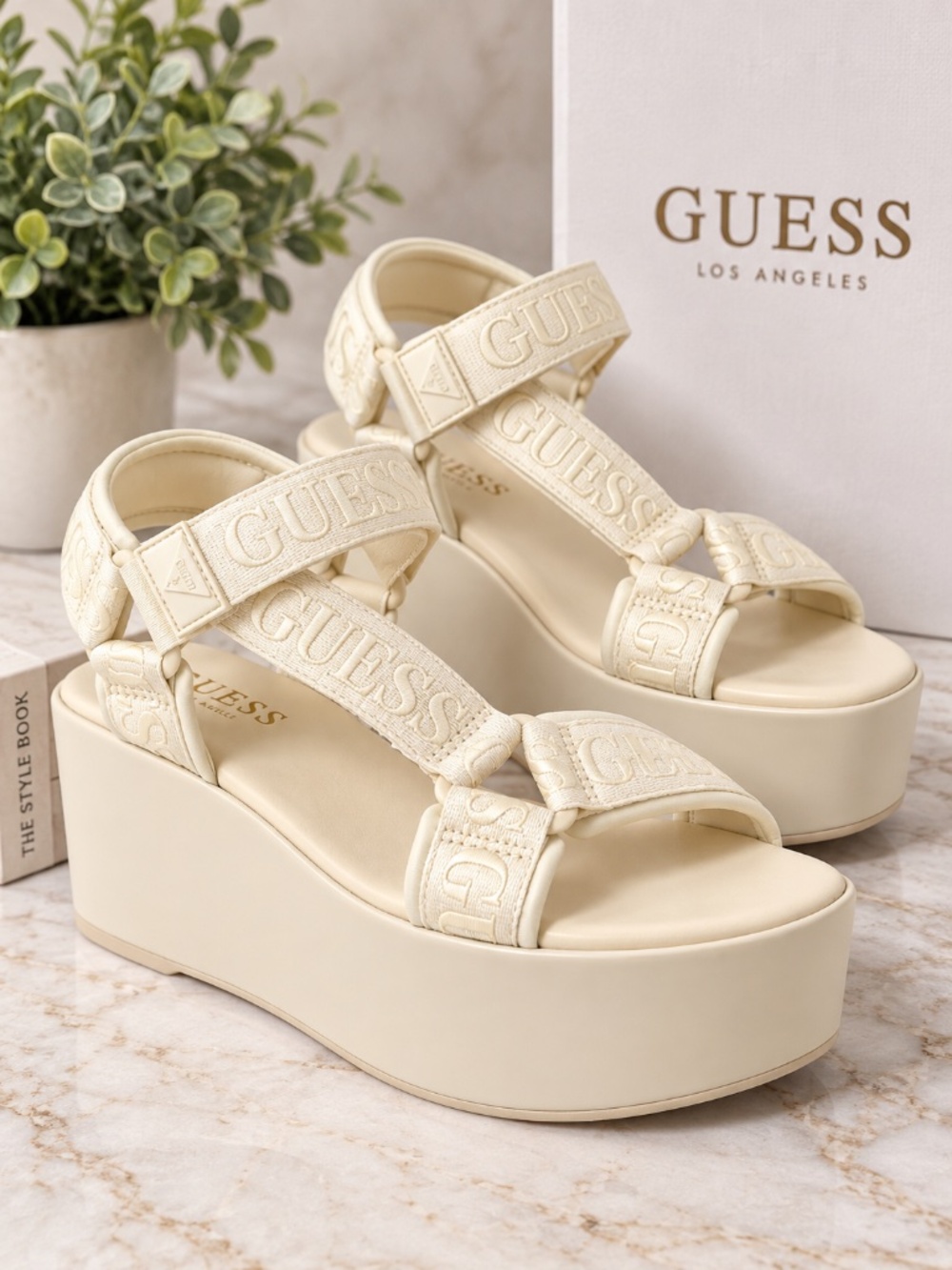 GUESS Ocilia Womens Platform Wedge Sandals Ivory Logo Strappy NWOB
